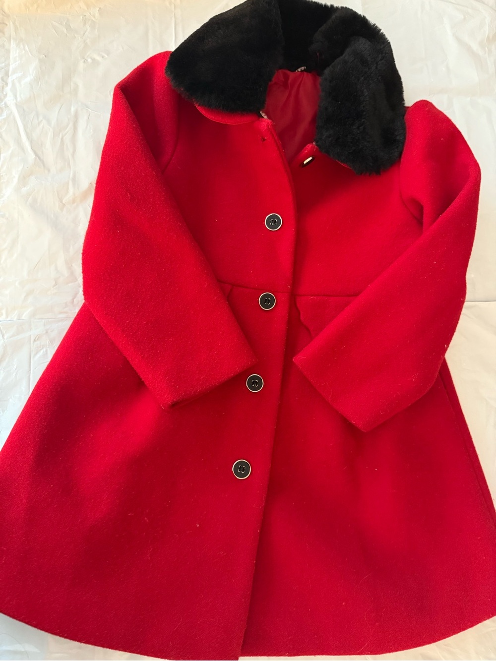 Girls Red Wool Peacoat with Black Faux Fur Collar